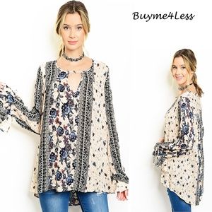 70'S Retro BOHO Teal Floral Swing Tunic Shirt Top